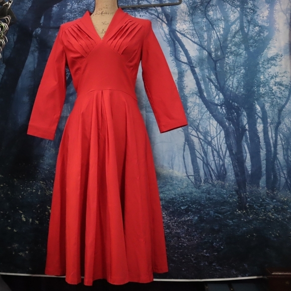 PIN UP DRESS M Red Retro Pin-up Rockabilly Long-sleeved V-neck Dance Matte 60s - Picture 8 of 14